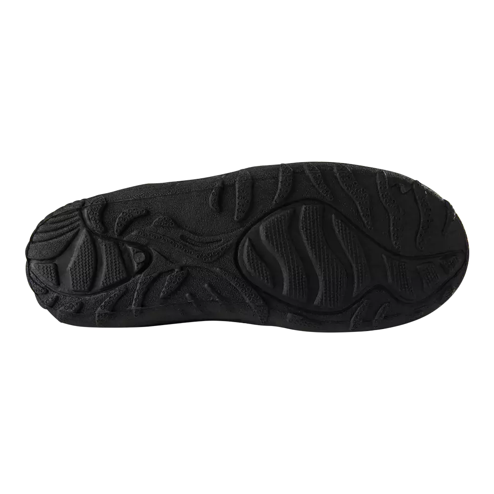 Et nærbillede af en sort sål i gummi med komplekse mønstre og dybe riller. Mønsteret består af bølgende linjer, afrundede zoner og små nopper, der giver ekstra greb og afvanding. Sålen virker robust og slidstærk, egnet til hverdagssko eller sportssko, hvor stabilitet og trækkraft er vigtige. Designet kombinerer funktionalitet med holdbarhed.