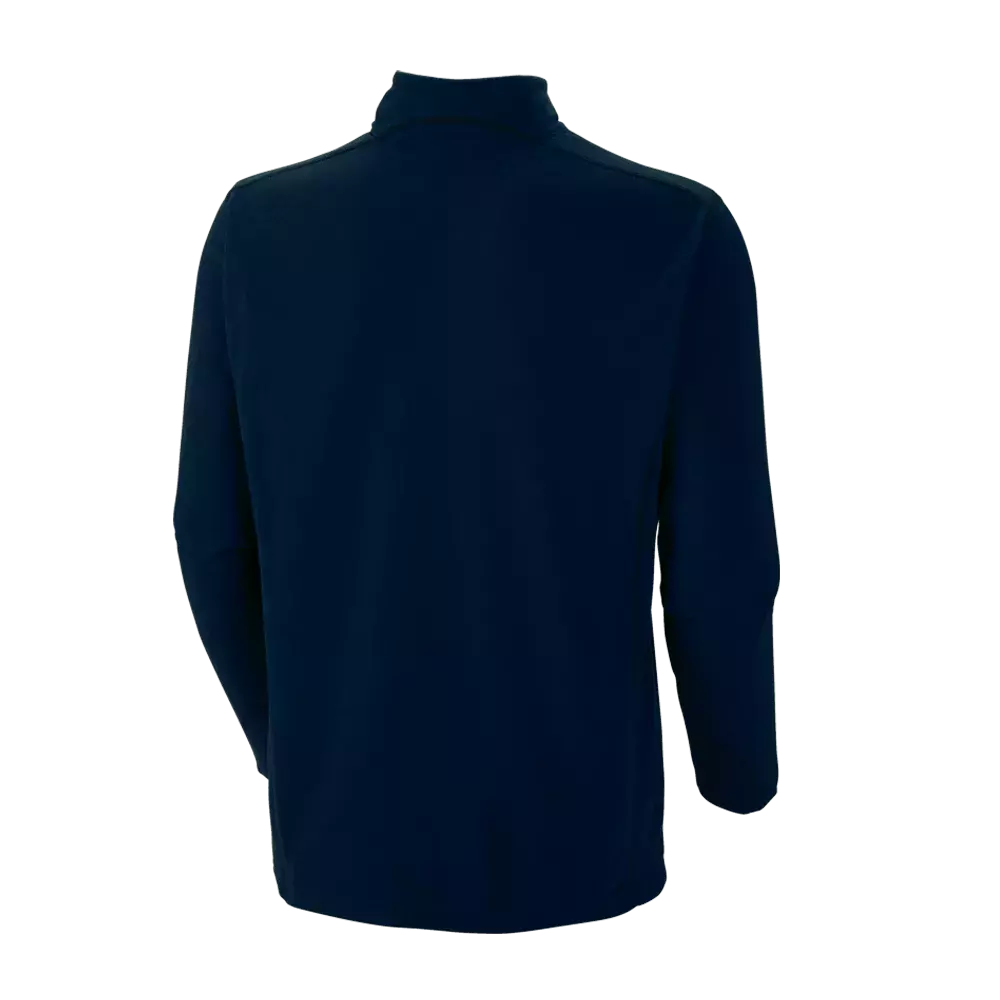 Billedet viser en ensfarvet mørkeblå trøje set bagfra. Den har en enkel, tidløs silhuet med høj krave og lange ærmer, glat overflade og lige kant forneden. Designet er minimalistisk og alsidigt, velegnet til både afslappede og lidt mere formelle lag-på-lag-look. Trøjen fremstår neutral og funktionel — en klassisk basis i enhver garderobe.