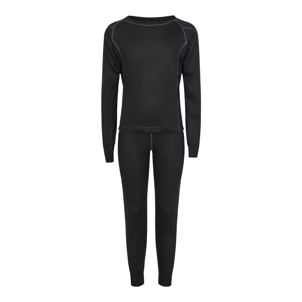 leggings. Sættet har synlige kontrastsømme langs skuldre, ærmer og sider, hvilket giver et sporty udtryk. Materialet virker blødt og elastisk, designet til isolering og bevægelsesfrihed ved kulde, ideelt som mellemlag eller til både hjemmebrug og udendørs aktiviteter.