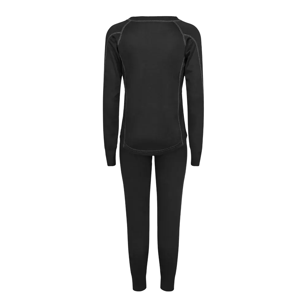 Et elegant sort sæt termoundertøj bestående af en tætsiddende langærmet overdel og matchende leggings set bagfra. Materialet virker strækbart og isolerende med flade syninger og ergonomiske paneler for bevægelig komfort. Rund halsudskæring, lange ærmer og smalle ben gør det ideelt som baselag til vinteraktiviteter eller hverdagsbrug under kolde forhold. Simpelt, funktionelt design med fokus på varme og bevægelsesfrihed.