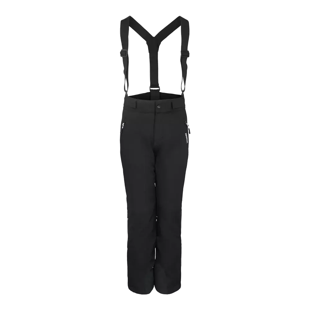 Et par sorte skibukser med justerbare seler i et simpelt, funktionelt design. Bukserne har høj talje med knap og lynlås, sidelommer med lynlås og forstærkede benender til beskyttelse mod slid. Materialet virker vind- og vandafvisende med en tætsiddende, lige pasform, ideel til vinteraktiviteter og skiløb. De regulerbare seler sikrer komfort og bevægelsesfrihed under aktive udendørsforhold.