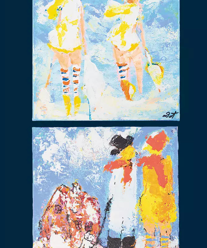 To firkantede malerier stakket oven på hinanden skildrer en sommerlig strandstemning i kraftige, pastelfarver. Tykkelse penselstrøg og impasto-tekstur giver billederne et næsten taktilt udtryk. Figurer i gult og hvidt — iført stribede strømper og hatte — står tæt sammen i havets blå baggrund, som om de deler et øjeblik af leg og venskab. Værkerne føles både abstrakte og varme.