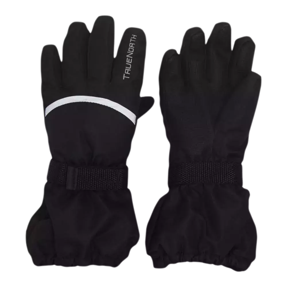 Et par sorte vinterhandsker med længere manchetter og elastiske kanter, designet til at holde hænderne varme og tørre. Handskerne har en justerbar velcrolukning ved håndleddet, skridsikker belægning i håndfladen og en refleksstribe på oversiden for øget synlighed. Palmens tekstur giver ekstra greb, og mærket 'True North' er trykt på pegefingeren. Robust og funktionelt udstyr til kolde dage.