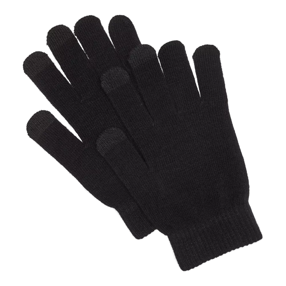 Et par enkle, sorte strikkede handsker i blødt materiale med ribbet manchet for tæt pasform. Fingertuppene virker forstærkede eller særligt strikkede, hvilket antyder kompatibilitet med touchskærme. Designet er minimalistisk og praktisk, velegnet til hverdag og kølige måneder. Handskerne fremstår lette, elastiske og neutrale i stil, så de kan bruges af både mænd og kvinder til almindelig udendørs brug.