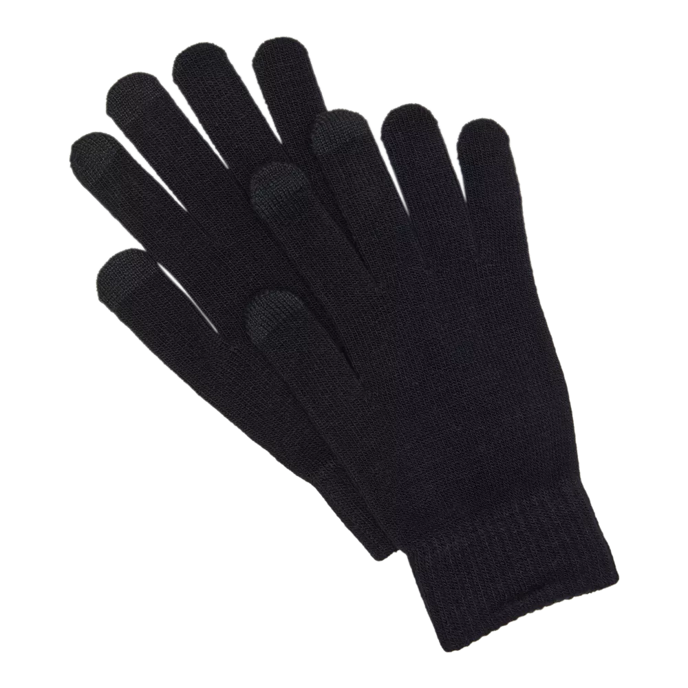 Et par sorte, strikkede handsker med simpel og tidløs stil. Handskerne er tynde og fleksible med ribbet manchet for god pasform, og særligt belagte fingerspidser på tommelfinger og pegefinger gør dem velegnede til touchskærme. De fungerer godt til hverdag om efteråret og mildere vinterdage, er lette at opbevare i lommen og passer både til mænd og kvinder.