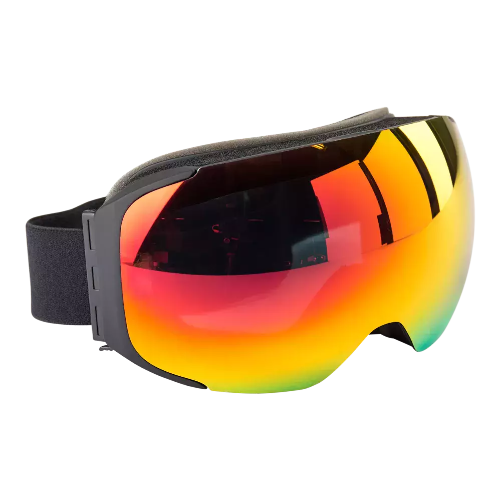 Disse skibriller har en stor, spejlende linse i varme nuancer af rød, orange og gul, som skaber et iøjnefaldende gradientlook. Rammen er mat sort med blød skumforing mod ansigtet og en bred elastisk rem for sikker pasform. Linseformen er buet for et bredt synsfelt og reducerer genskin, hvilket gør dem velegnede til skiløb og snowboard i solfyldte forhold.