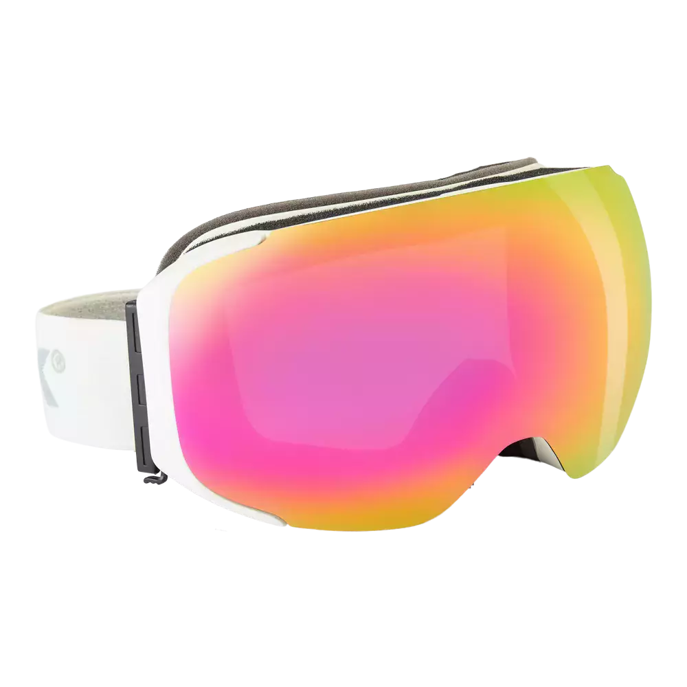 Et par moderne skibriller med en stor sfærisk linse i spejlglas med varme nuancer af pink, orange og gul. Den hvide ramme og brede, elastiske strop sikrer stabil pasform, mens blødt skum ved kanten lover komfort og tætning mod vind og sne. Designet giver bredt synsfelt og reducerer blænding, velegnet til skiløb og snowboarding i skiftende lysforhold.