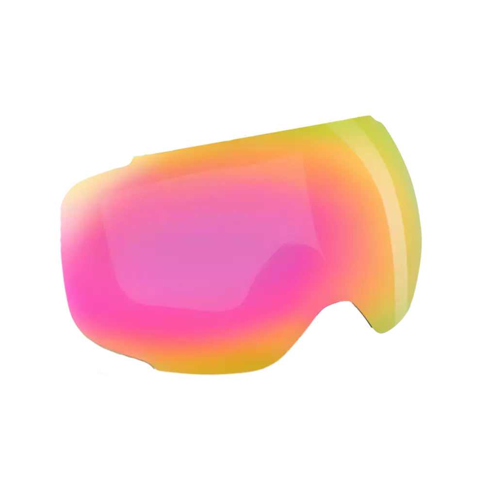 Et lyst og glat glas eller linse i form som en skibrillelinse med bløde, afrundede kanter. Farvegradienten går fra intens pink i midten over varme orange toner til lysegult langs kanten, med subtile refleksioner og højglans. Designet virker moderne og futuristisk, som en udskiftelig linse til goggles eller et kunstnerisk, abstrakt objekt med stærk visuel tiltrækning.