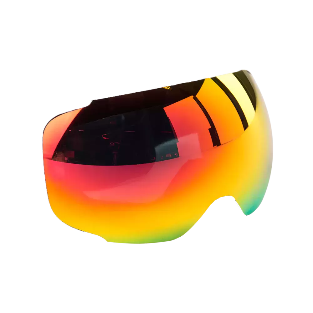 Detaljeret billede af en spejlet, buet linse til skibriller med en intens farvegradient fra rød og orange til gul og grøn. Den aerodynamiske, næsten rammeløse form giver et bredt synsfelt og moderne udtryk. Overfladen er højglans og reflekterer omgivelserne, og linsetypen antyder avancerede behandlinger som anti-dug og UV-beskyttelse, designet til aktive vintersportsudøvere.
