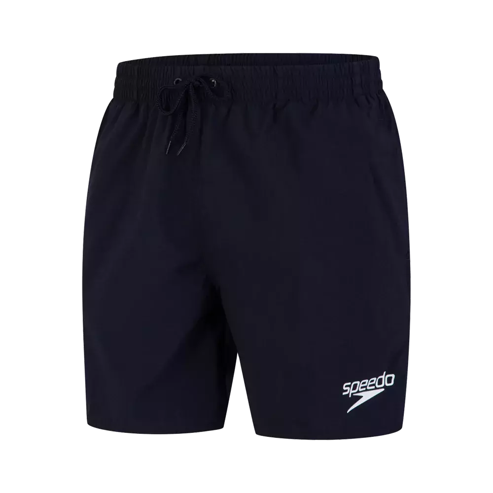 Et par mørkeblå Speedo badeshorts med elastisk talje og snor til justering. Shortsene har et enkelt, funktionelt snit med knælængde og et lille Speedo-logo nederst på venstre ben. Materialet virker let og hurtigtørrende, egnet til både træning og fritidsbrug ved stranden eller poolen. Designet er enkelt og tidløst, nemt at kombinere med forskellige badetøjstilbehør.