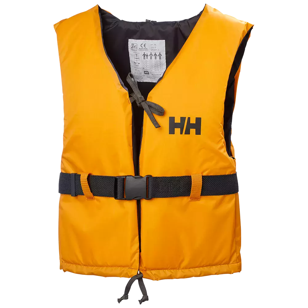 En klart orange redningsvest med sort indvendig foring og betjeningsvenlige detaljer. Vestens front lukkes med både snørebånd i halsen og et justerbart sort bælte med plastspænde ved livet; nederst sidder en ekstra snor. På venstre bryst ses et stort HH-logo. Designet er enkelt og funktionelt, beregnet til sikkerhed ved sejlads eller fritidsaktiviteter på vandet. Den er polstret for komfort og let at tage af og på.