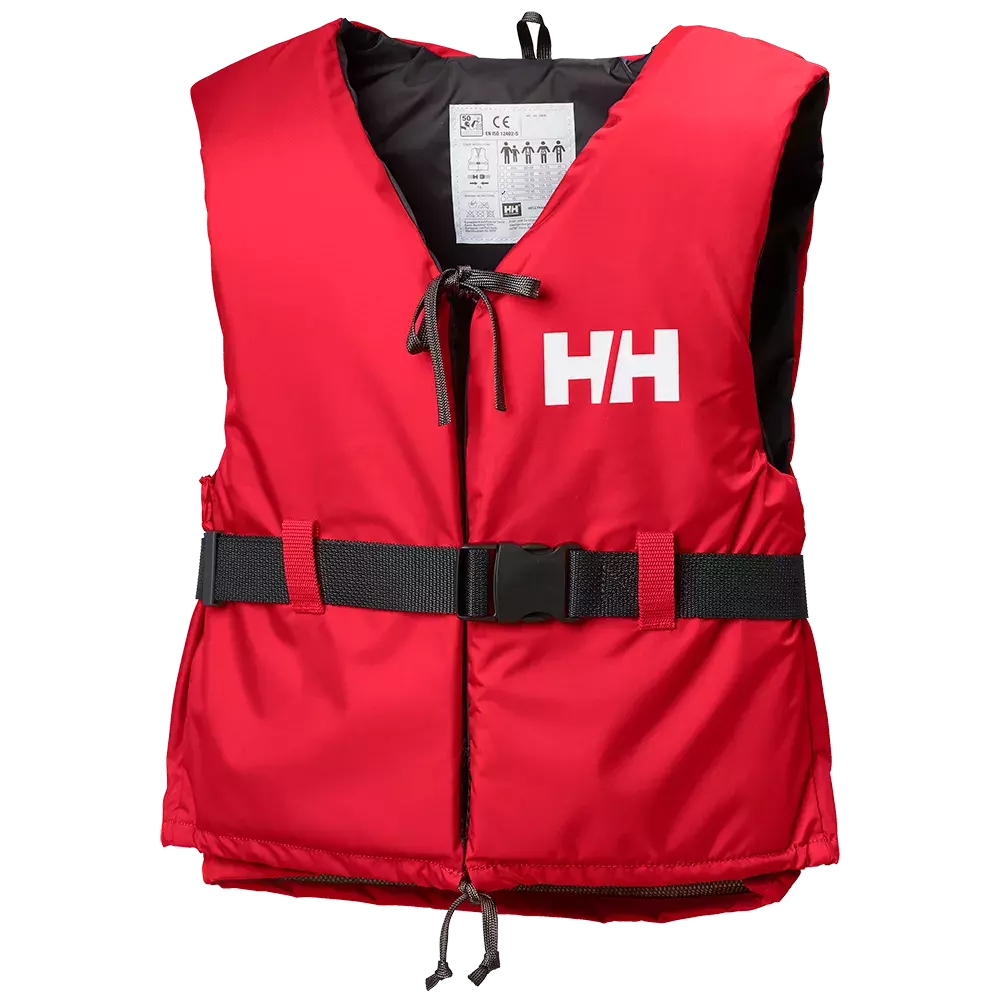 Rød redningsvest med bredt sort justerbart taljebælte og sikkerhedsspænde. Vestens ydre er lavet af holdbart materiale med sort indvendig foring og en synlig instruktionslabel i nakken. Fronten prydes af et hvidt "HH"-logo, der er snøre ved halsen og en justerbar snor i bunden for bedre pasform. Simpel, funktionel og designet til høj synlighed og tryghed på vandet.
