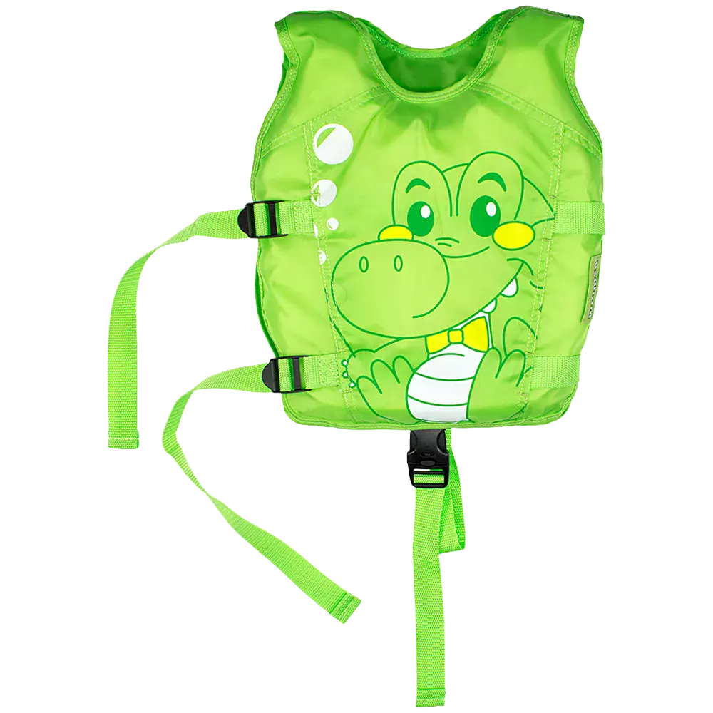 En limegrøn svømmevest til børn med et venligt krokodillemotiv pryder forstykket. Vesten har polstrede skuldre, justerbare bæltestropper i siden og en sikker spænde mellem benene for ekstra stabilitet. De lyse farver og bobledekorationer gør den synlig i vandet, mens materialet virker let og holdbart. Ideel til begyndere, der skal have tryghed og bevægelsesfrihed ved vandlege og svømmeøvelser.