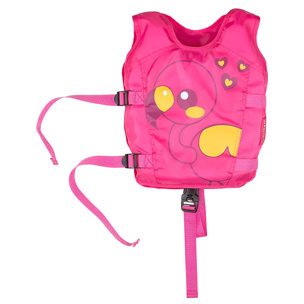 En lyserød svømmevest til børn med justerbare remme og sikkerhedsspænde under maven. Den polstrede vest har et sødt fuglemotiv i gult og pink med små hjerter, og to låseklip i siderne for god pasform. Vesten er lavet af vandafvisende materiale, nem at tage af og på, og er designet til at give ekstra flydeevne og tryghed ved leg i pool eller ved stranden.