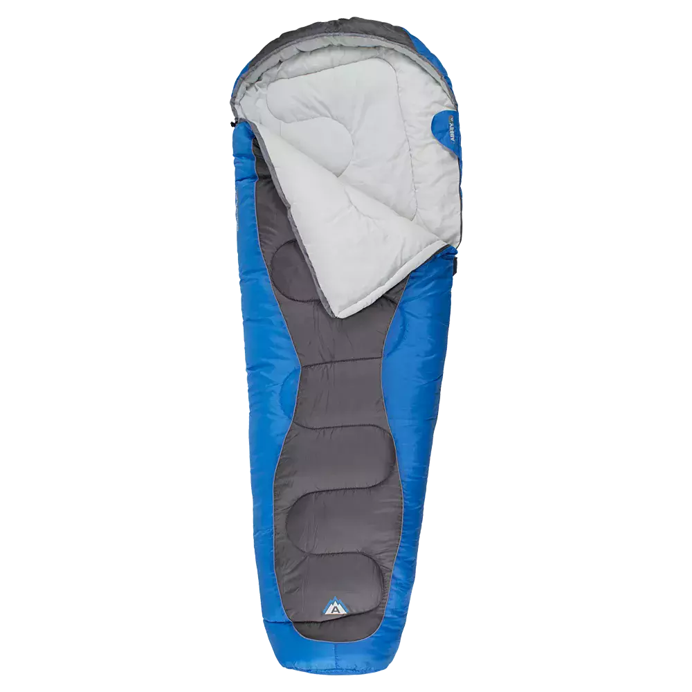 Et blå-gråt sovepose i mumieform med en polstret, lys indvendig foring. Soveposen har en aflang, indsnævret form der følger kroppen, en indbygget hovedhætte og en delvist åben lynlås, så den kan foldes ud. Overfladen ser holdbar ud i syntetisk materiale med quiltede sømme for ekstra isolering. Egnet til camping og udendørsovernatninger, designet til at holde varme og øge komforten.