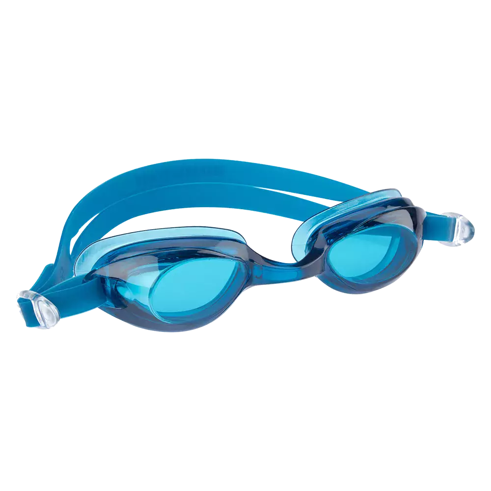 Et par blå svømmebriller med tonede linser og en dobbelt elastisk hovedrem ligger mod en neutral baggrund. Brillerne har en strømlinet, ergonomisk form og bløde silikonekanter for tæt pasform og komfort. Den justerbare spænde i siderne sikrer nem tilpasning. De klare linser reducerer genskin og giver godt udsyn under vand, velegnede til både træning og fritidsbrug.