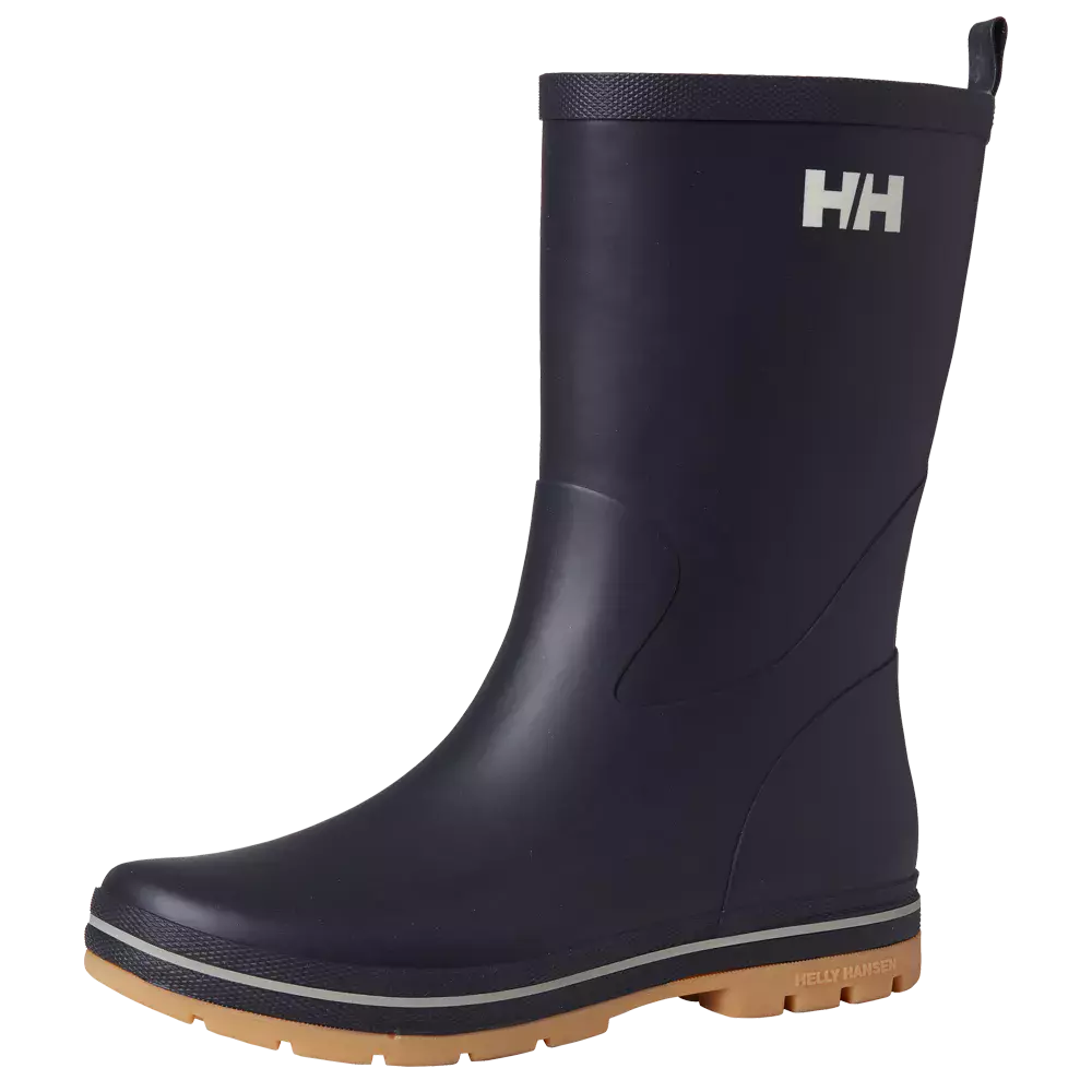En robust, mørkeblå gummistøvle fra Helly Hansen med et enkelt og funktionelt design. Støvlen har højt skaft, hvidt HH-logo på ydersiden og en lille træksløjfe bagtil. Bundsålen er lysebrun gummi med dybt mønster for godt greb, og en refleksstribe langs kanten øger synligheden. Støvlen er velegnet til regnvejr og mudrede forhold, med fokus på holdbarhed og komfort.