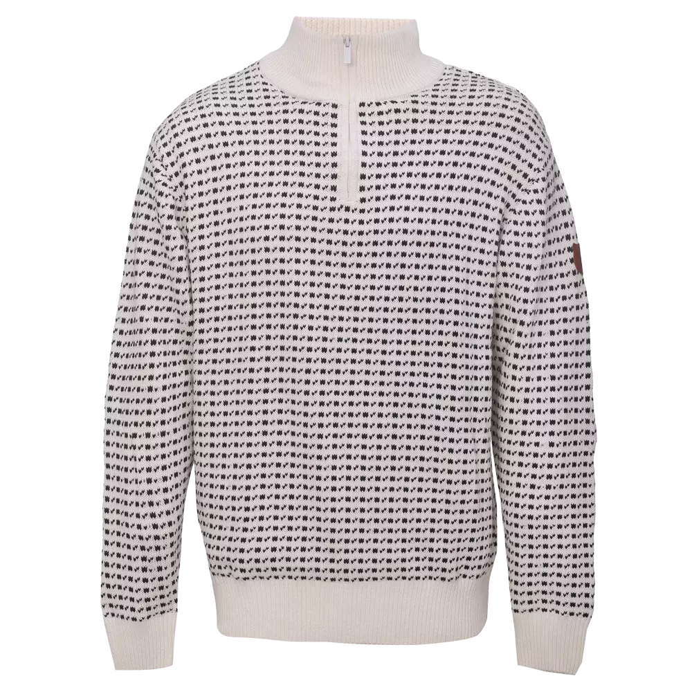 Varm og stilren trøje i strik med høj hals og kort lynlås midt for. Mønstret består af små, mørke prikker i et jævnt, geometrisk grid mod en lys baggrund, hvilket giver et minimalistisk nordisk udtryk. Ribkanter ved ærmer og talje sikrer en god pasform. Perfekt til kolde dage, kan styles med jeans eller uldfrakke for et afslappet, moderne look.