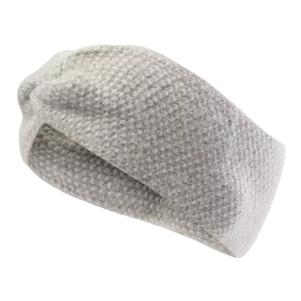 Et lyst gråt, strikket pandebånd eller hue i blødt, bouclé-lignende garn. Det har en tæt, struktureret strik og et diskret vrid foran, der giver en moderne men enkel stil. Perfekt til kølige dage, holder ørerne varme uden at være for voluminøst. Materialet ser behageligt og isolerende ud, egnet til hverdagsbrug eller som et stilfuldt vintertilbehør.