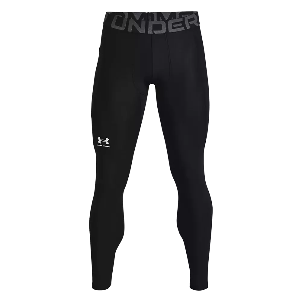 Et par sorte, tætsiddende træningsleggings fra Under Armour med et enkelt og funktionelt design. De lange compression-bukser har en bred elastik i taljen med synlig branding og det lille logo på låret. Materialet virker elastisk og formstøttende, hvilket giver støtte ved løb, styrketræning eller hverdagens aktiviteter. Stilrene og alsidige leggings, der kombinerer komfort og sporty æstetik.