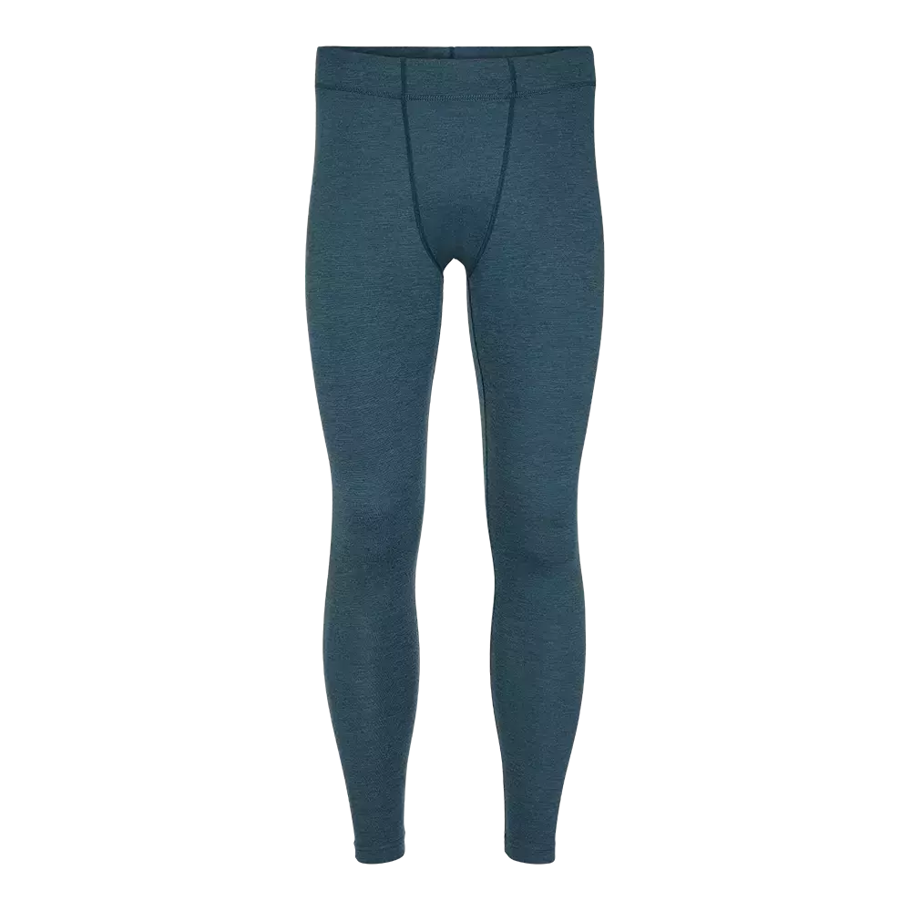 Et par tætsiddende, hel-lange underbukser/termoleggings i en støvet blågrøn farve. Materialet ser ud til at være en blød, tætpakket strik eller merinould-blanding med flade sømme for komfort. Leggingsene har elastisk talje og smalle ankler, hvilket gør dem velegnede som baselag under udendørs aktiviteter eller til hverdagsbrug på kolde dage. Simpelt, funktionelt design med fokus på varme og bevægelsesfrihed.