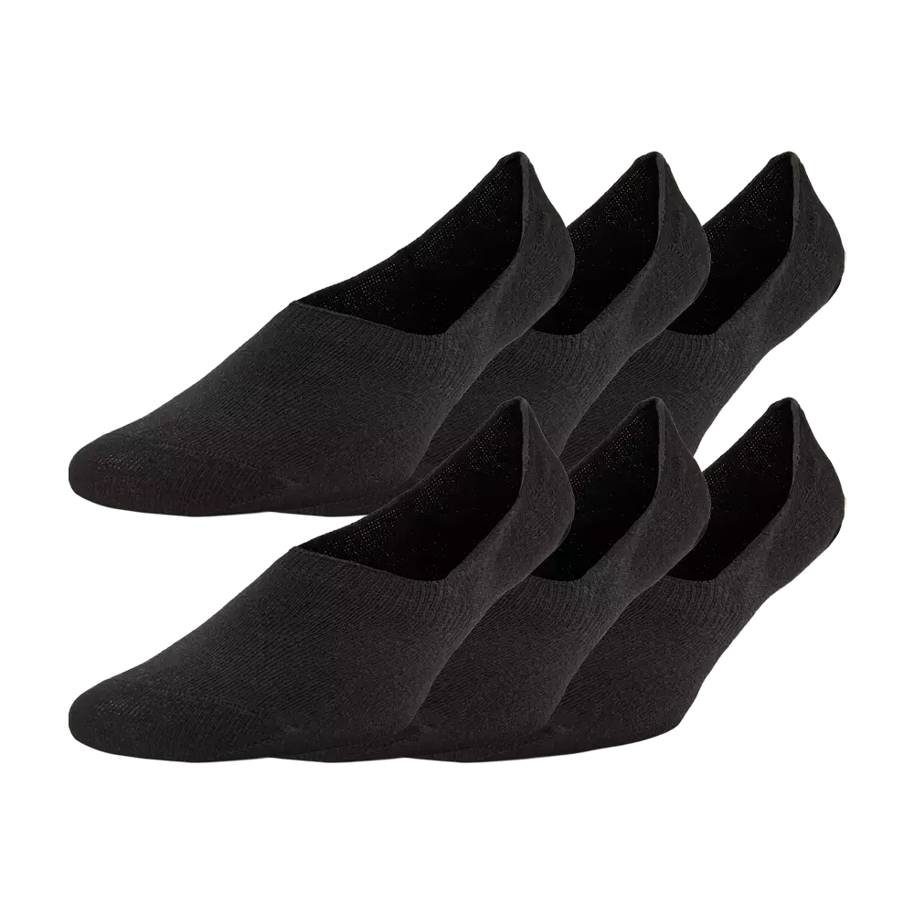 Et sæt med seks par sorte, lavtsiddende "no-show" strømper designet til at være usynlige i lave sko. Strømperne har en tæt, enkel pasform med elastisk kant, blødt strikket materiale og lav profil, der giver diskret komfort hele dagen. Ideelle til sneakers og loafers, hvor du vil undgå synlige strømper, samtidig som fødderne holdes åndbare og beskyttede.