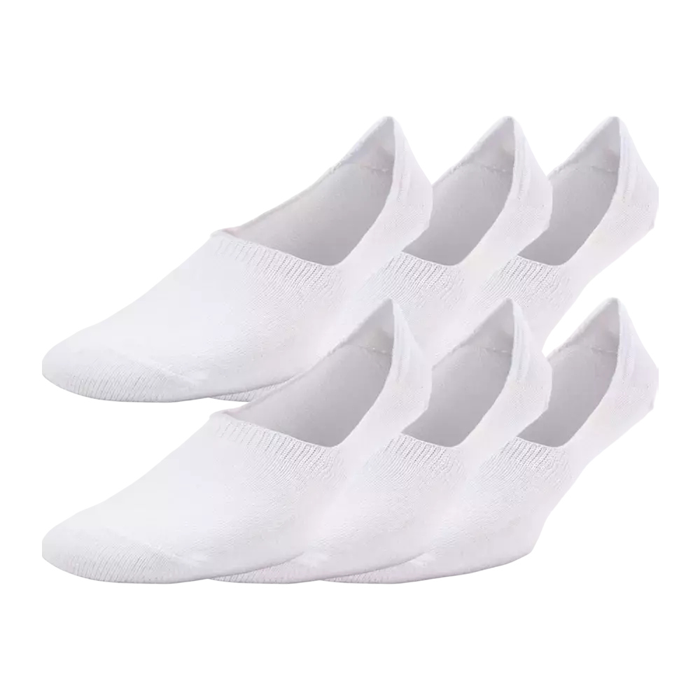 På billedet ses et sæt hvide, lave ankelsokker i en pakke med seks stk. Sokkerne er minimalistiske og strikkede i en glat, elastisk kvalitet, der ligger tæt om foden uden at være synlige i sko. De ser åndbare og bløde ud med forstærket tå- og hælområde og egner sig godt til hverdag, sport eller sneakers, hvor komfort og diskretion prioriteres.