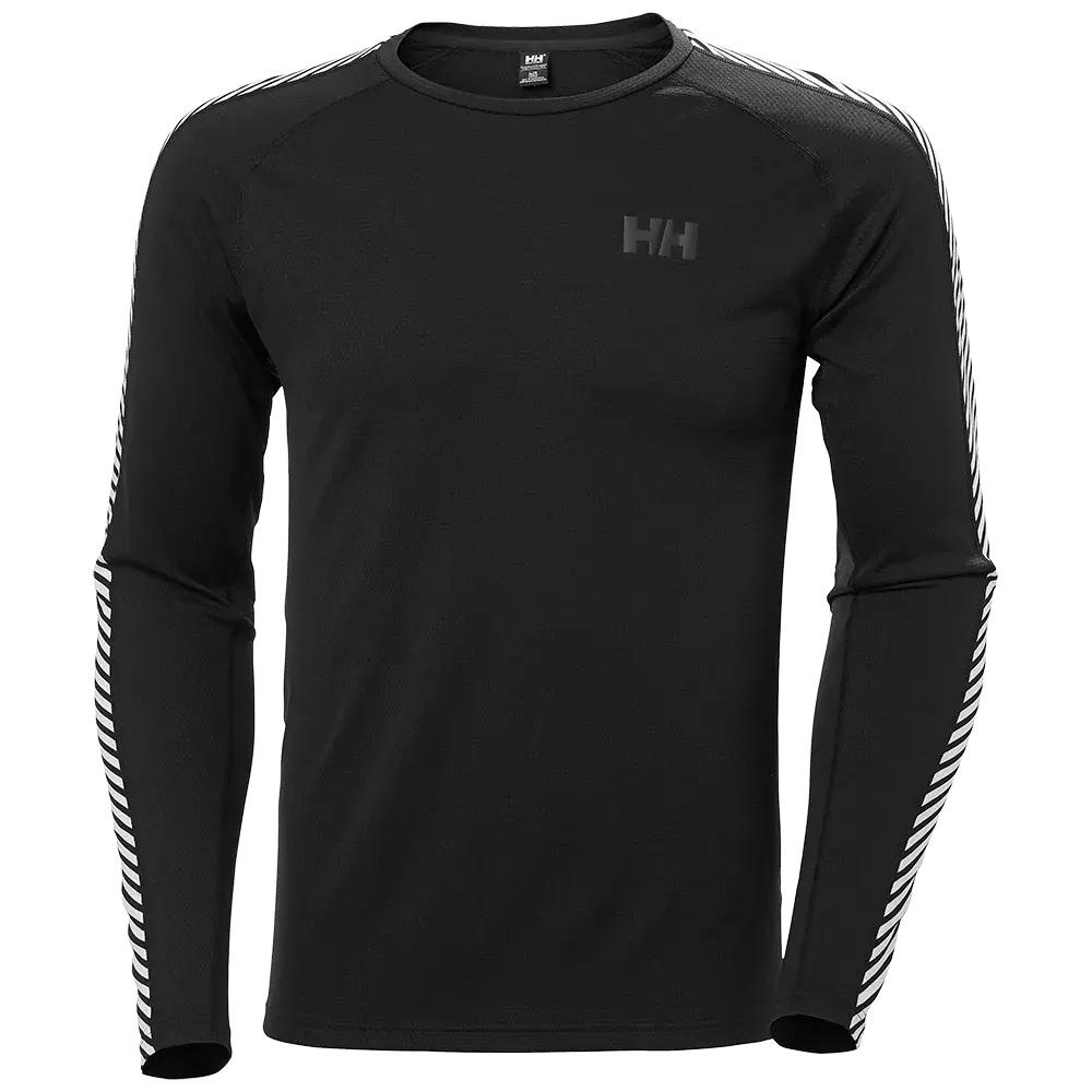 Sort, tætsiddende langærmet træningsbluse med rund hals fra Helly Hansen (HH-logo diskret på brystet). Ærmerne har diagonale hvide striber langs siderne, der giver et sporty og moderne udtryk. Blusen ser ud til at være i let, åndbart og fleksibelt materiale, velegnet som mellemlag eller til træning. Enkel, minimalistisk stil, som passer til både aktivt brug og hverdag.