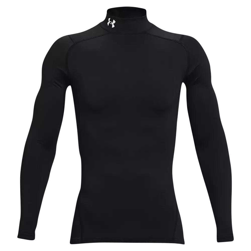 En strømlinet, sort træningsundertrøje med lange ærmer og høj krave. Materialet virker elastisk og tætsiddende med kompressionspasform, designet til at give støtte og forbedre bevægelsesfriheden under sport. Overfladen er glat og svedtransporterende, og et diskret hvidt logo sidder ved halsen. Perfekt som baselayer til løb, styrketræning eller udendørsaktiviteter i køligere vejr.