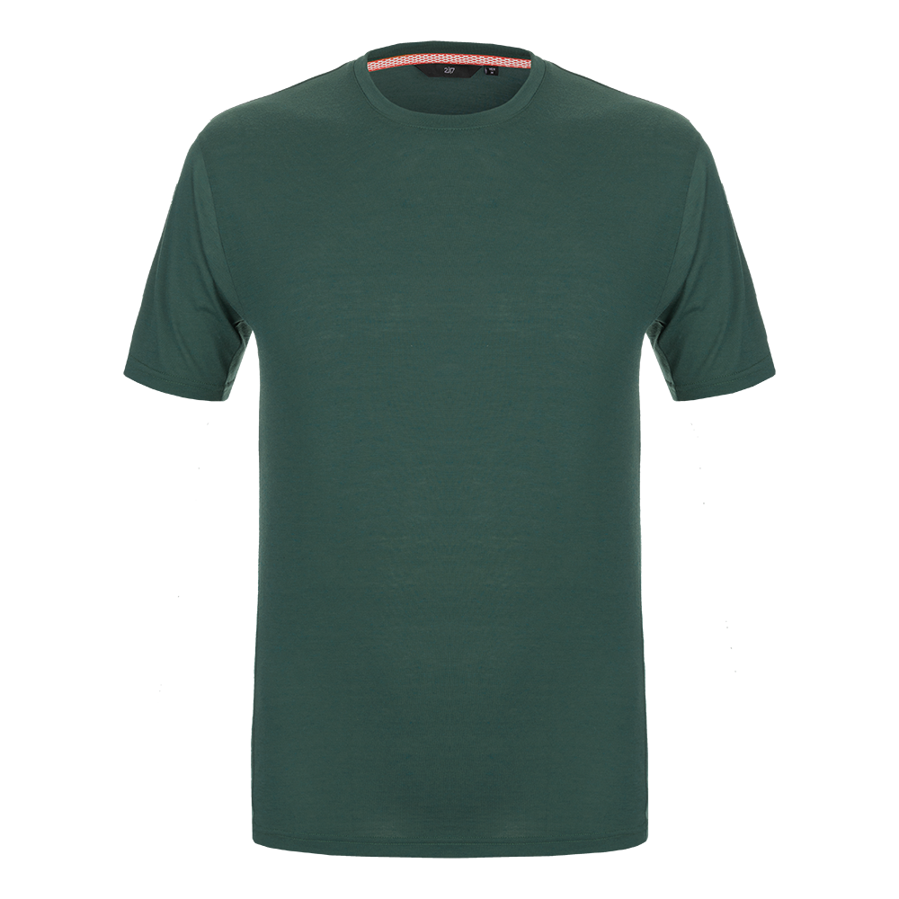 En enkelt, klassisk T-shirt i dyb skovgrøn farve med rund hals og korte ærmer. Designet er minimalistisk og uden synlige logoer eller mønstre, hvilket giver et clean og tidløst udtryk. Stoffet ser blødt og let ud, egnet til hverdagsbrug eller lag-på-lag styling. En alsidig basisgenstand, der passer til både afslappede og mere enkle, velkoordinerede outfits.