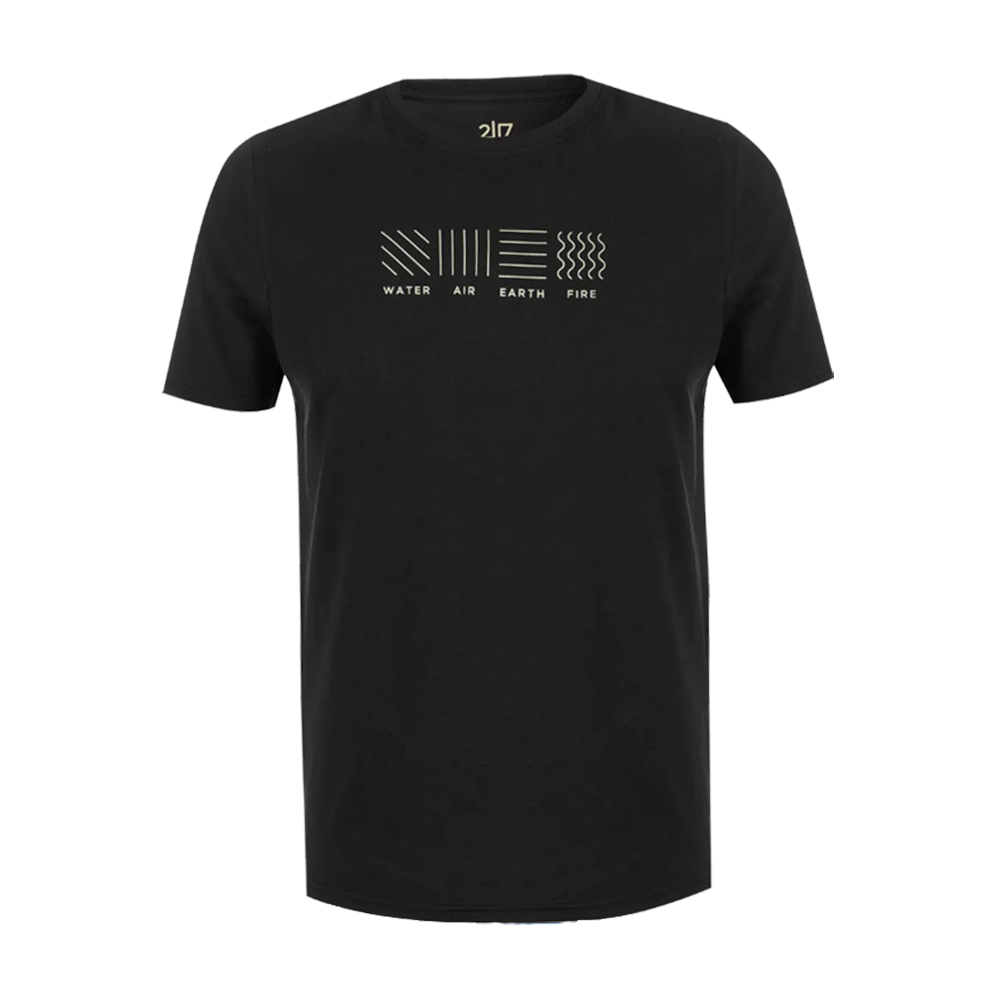Sort T-shirt med rund hals og korte ærmer, fremstår enkel og moderne. På brystet er et diskret, grafisk print med fire minimalistiske ikoner og tekstundertekster: "WATER", "AIR", "EARTH" og "FIRE". Designet er symmetrisk placeret og giver et stilrent, konceptuelt udtryk. T-shirten virker ideel til hverdagsbrug, kombineret både med jeans og lag-på-lag outfits.