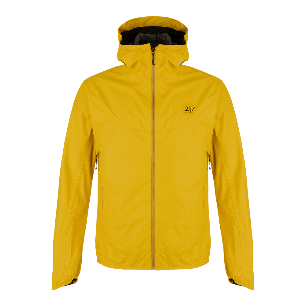 En klar gul, let teknisk jakke med hætte og fuldlængde lynlås. Jakken har rene, minimalistiske linjer, to lynlås-lommer i siderne og et diskret logo på brystet. Elastisk kant i bunden og tilpassede ærmer giver en tætsiddende finish. Materialet ser slidstærkt og velegnet til udendørs aktiviteter, hvor enkel funktionalitet og synlig farve gør den både praktisk og stilfuld.