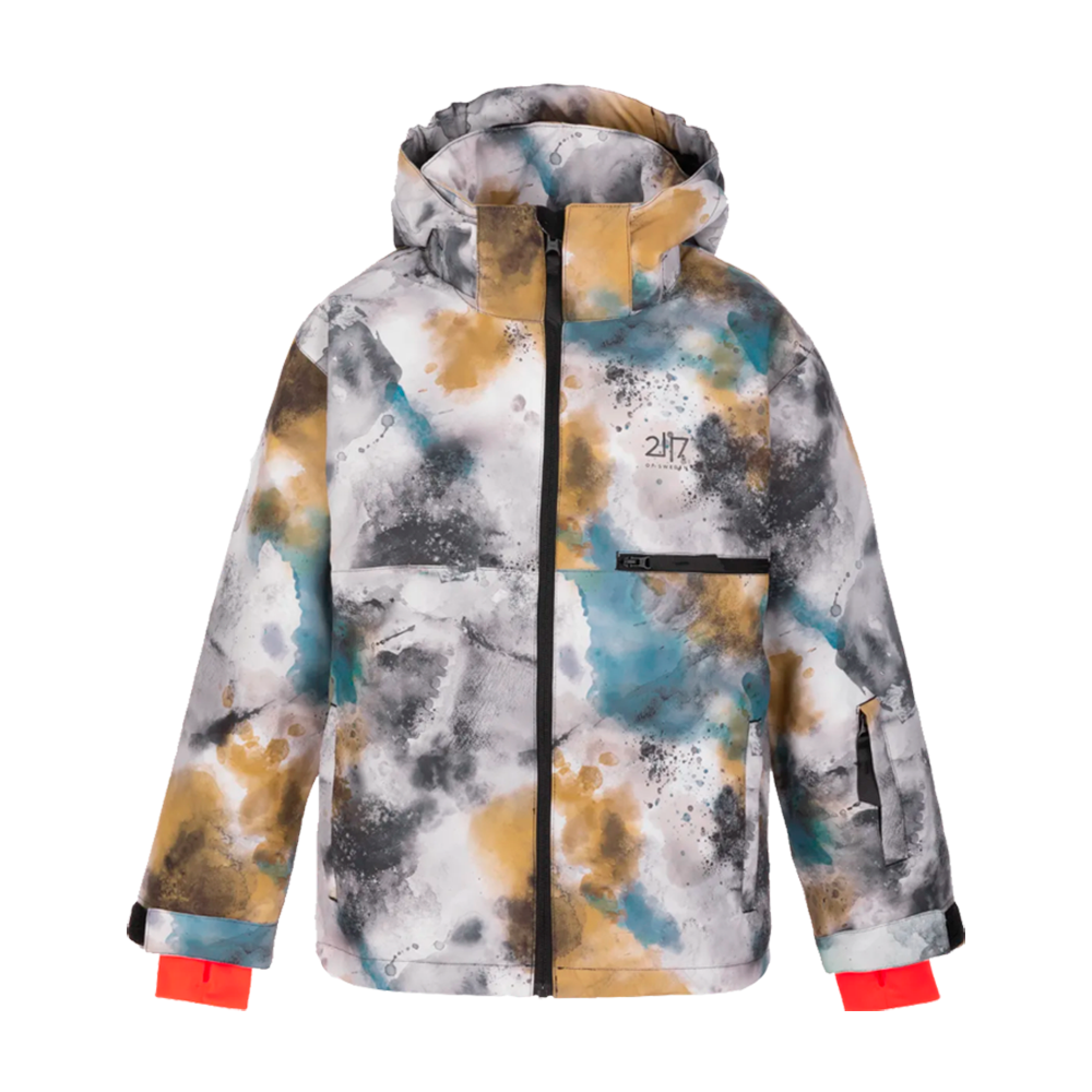 Farverig, moderne jakke med hætte og høj krave. Den har en fuld længde-lynlås, en vandret brystlynlås og en praktisk ærmelomme. Stoffet er prydet af abstrakte, akvarel-lignende pletter i hvidt, sort, turkis og okker. Jakken har justerbare manchetter med tydelige neonorange indvendige ærmer og et sporty snit, der passer til både by- og udendørsbrug.