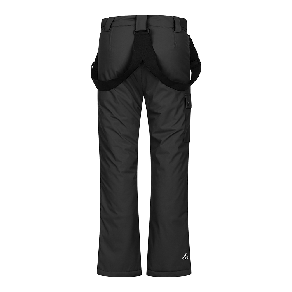 Billedet viser et par 2117 of Sweden Jr Misan Padded Ski Pants, designet specifikt til børn. Disse skibukser er sorte med subtile detaljer: en lille logomærkning på venstre ben og praktiske lommer. Bukserne er forsynet med justerbare seler og forstærkninger ved foden, hvilket gør dem ideelle til vinteraktiviteter. Holdbarheden og det funktionelle design sikrer, at de små holder sig varme og komfortable under ski og leg i sneen.