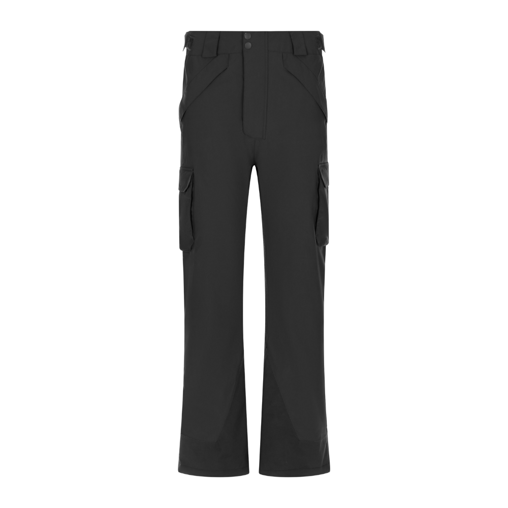 Et par sorte cargo-bukser i teknisk materiale, designet til udendørs brug. Bukserne har et løstsiddende, let lige snit med forstærkede paneler ved knæ og indersøm, brede bæltestropper og to store lommer på lårene med klaplukning. Diskrete skrålommer foran og justerbar talje giver funktionalitet og komfort. Enkel, minimalistisk æstetik gør dem velegnede til vandreture, arbejde eller urbant hverdagsbrug.