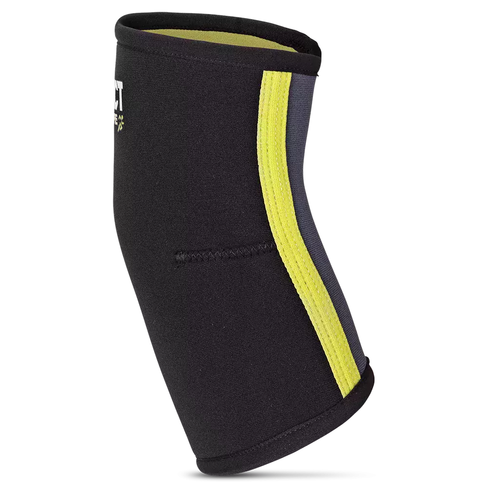 Et enkelt, funktionelt støttebind i neopren-lignende materiale, formet som et ærme til albue eller knæ. Produktet er primært sort med en tydelig gul stribe langs siden og mørkegrå paneler. Syningerne er forstærkede, og indersiden har en lysere, polstret overflade. Designet virker kompakt og elastisk, beregnet til kompression og støtte under træning eller daglig aktivitet.