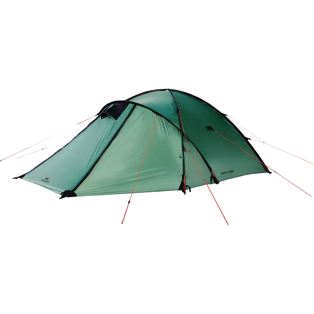 vestibule og forstærkede sømme langs bundkanten. Materialet virker vandafvisende med glatte, stramme flader, og konstruktionen ser stabil ud over ujævnt terræn. Ideelt til friluftsliv, det fremstår robust og praktisk med flere fastgøringspunkter og en rummelig, lukket indgang.