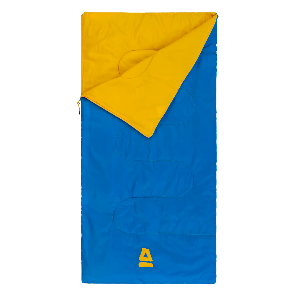 Blå og gul rektangulær sovepose med enkel, moderne stil. Ydersiden er klar blå, indersiden varm gul; toppen er delvist åbnet så farvekontrasten fremhæves. Synlige quiltestikninger danner bølgede mønstre, og en sidelukning med lynlås gør den let at bruge. Lavt, simpelt logo ved fodenden. Robust men let design, velegnet til camping, hytteovernatning eller som sovepose til børn og unge til udendørs eventyr.