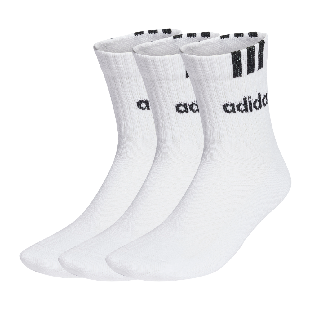 Et sæt tre hvide adidas-sokker i midterhøjde, prydet med sorte tre striber og det velkendte adidas-logo langs skaftet. Sokkerne har ribstrikket skaft for god støtte, blød og åndbar bomuldsblanding samt forstærket hæl og tå for øget holdbarhed. Designet er enkelt og sporty, velegnet til hverdag, træning eller fritidsbrug og passer nemt til sneakers og træningstøj.