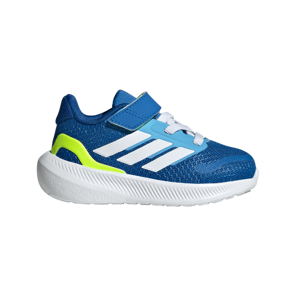 Et enkelt, sporty børnesneaker i dyb blå mesh, med tre hvide striber på siden og lyseblå detaljer ved snørebåndet. Skoen har en kraftig, hvid skumgummisål, neon-gul forstærkning ved hælen og en praktisk velcrorem øverst. Designet virker let og åndbart, velegnet til aktive børn i leg og hverdagsbrug, med robust sål til god støtte og stødabsorbering.