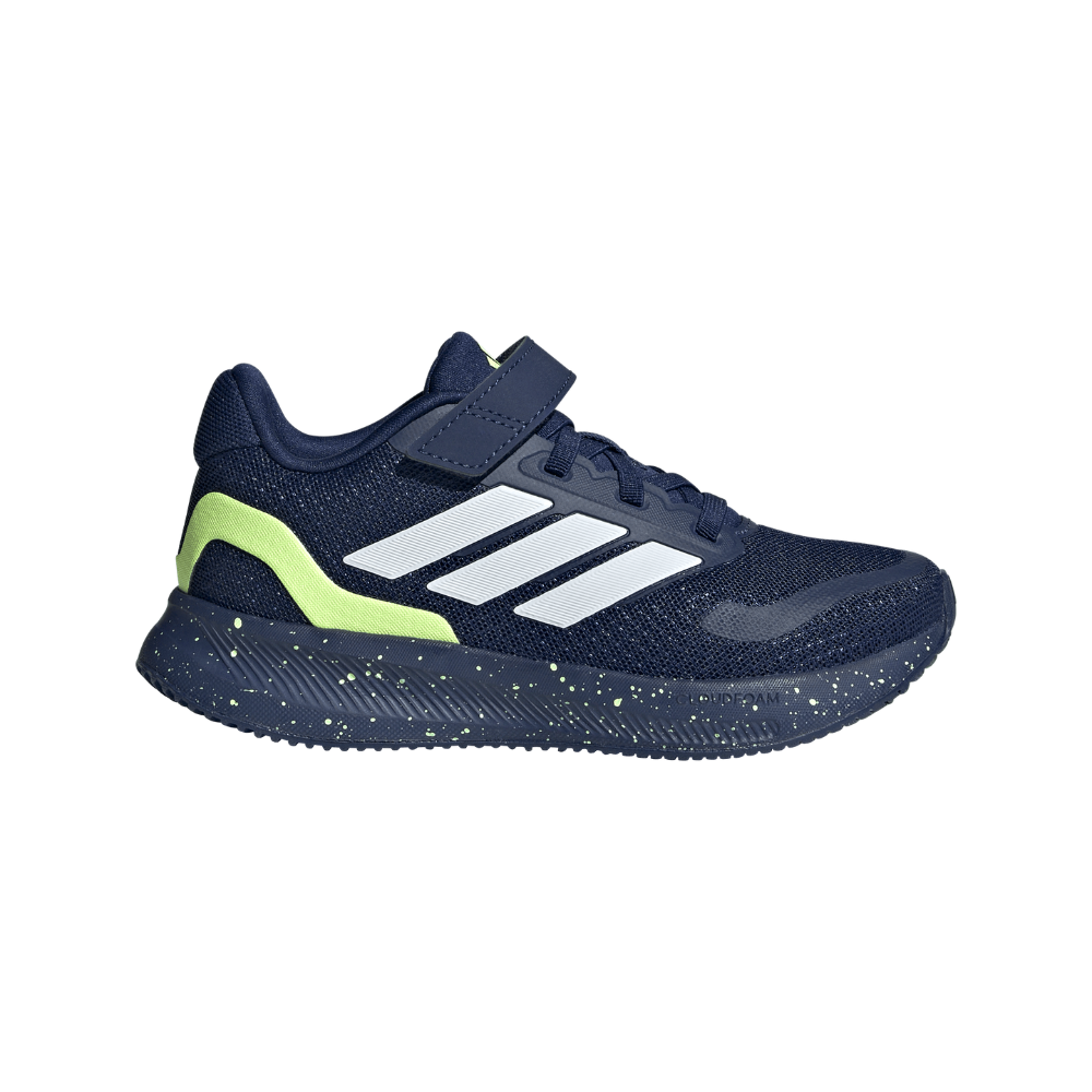 Sneaker i mørkeblå mesh med tre hvide striber, limegrøn accent ved hælen og spraglet mellemsål. Letvægts løbesko med polstret krave, snørebånd og velcro-spænde for nem lukning. Sålens struktur og dæmpning giver godt greb og komfort til hverdag og leg. Moderne, sporty design velegnet til børn, og den åndbare overdel sikrer ventilation under aktivitet.