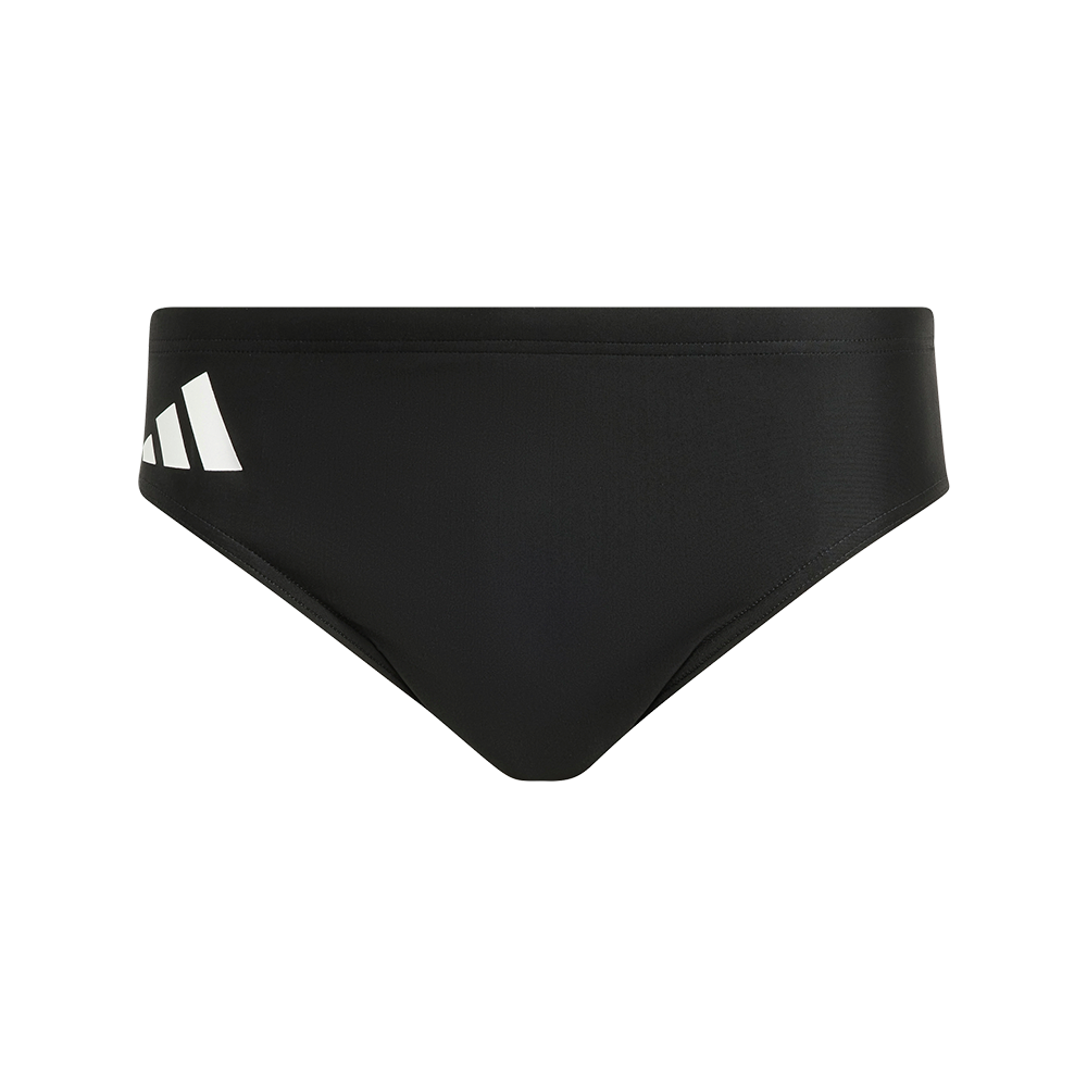 Et enkelt, sort badebrief i klassisk snit med lav talje og moderat dækning. Materialet ser glat og elastisk ud, velegnet til svømning og træning i vand. På venstre hofte sidder et hvidt logo i tre striber, som giver et diskret sportsligt præg. Syningerne er rene og minimalistiske, hvilket understreger det funktionelle og tidløse design.