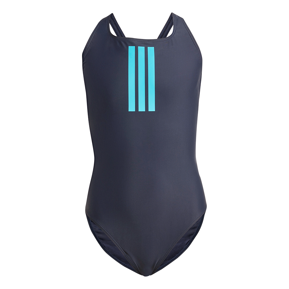En strømlinet, mørkeblå badedragt i ét stykke med enkle lyseblå, vertikale striber midt på brystet. Modellen har smalle skulderstropper og en klassisk rund udskæring, hvilket giver et sporty og funktionelt udtryk. Materialet fremstår glat og teknisk, velegnet til træning og svømning. Designet er minimalistisk og praktisk, ideelt til både konkurrence- og hverdagstræning i svømmehallen.