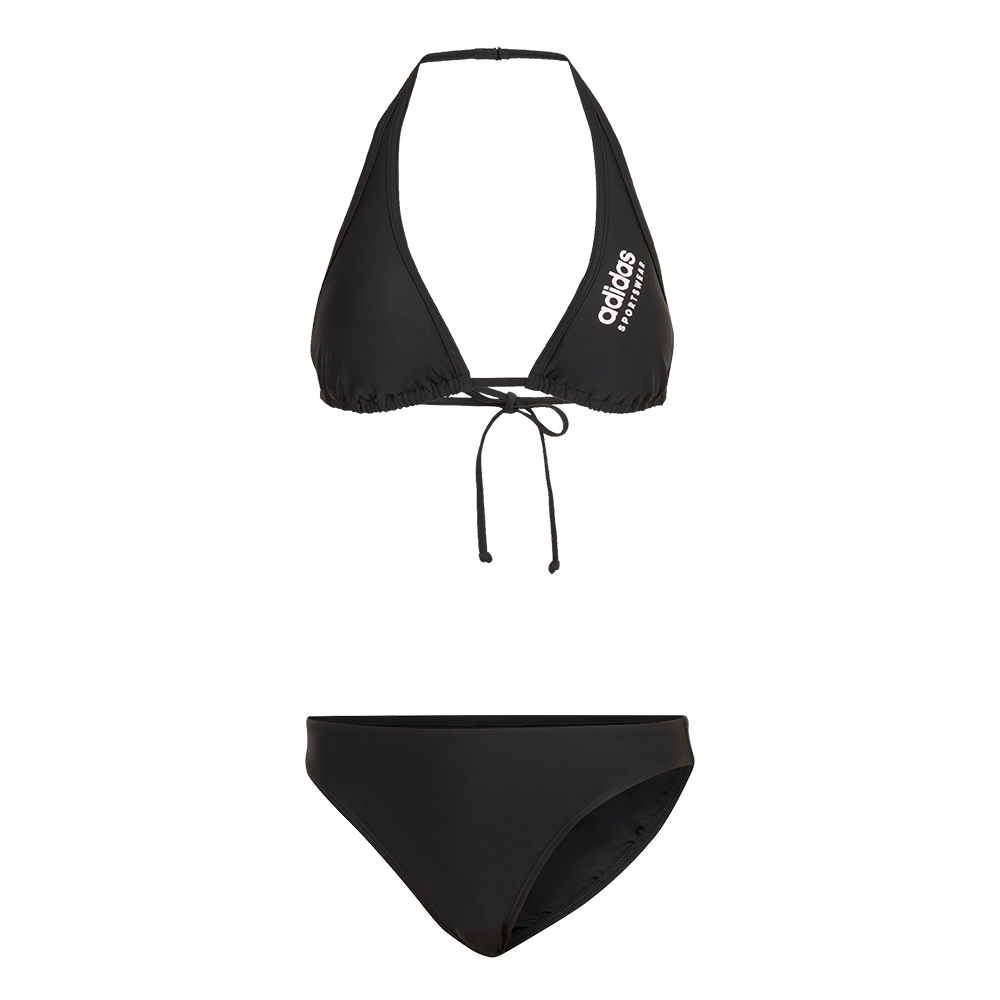 Sort Adidas-bikini i to dele med en trekants-bh og klassiske bikinitrusser. Overdelen har halterneck-stropper, snørelukning foran og et hvidt Adidas-logo på den ene skål, hvilket giver et sporty look. Underdelen er enkel med moderat dækning og elastisk kant for komfort. Materialet virker strækbart og velegnet til både svømning og strandbrug, med et minimalistisk og tidløst design.