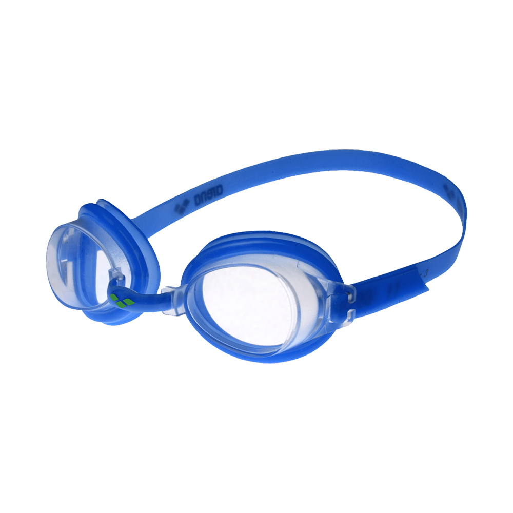 Et par blå svømmebriller med klare linser og en justerbar silikonerem. Brillernes bløde, tætsluttende pakning sikrer tæthed omkring øjnene, mens det fleksible næsebånd giver komfort og bevægelsesfrihed. Den enkle, lette konstruktion gør dem velegnede til træning og fritidsbrug i svømmehallen eller på stranden. Designet er funktionelt og holdbart, nemme at tage på og rengøre efter brug.