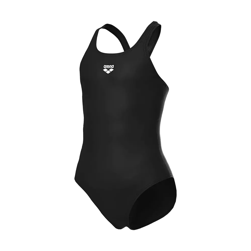 Et enkelt, sort badedragt i ét stykke med brede skulderstropper og en klassisk rund halsudskæring. Materialet virker glat og strækbart, beregnet til svømmetræning. Den hvide arena-logo midt på brystet giver et diskret brandpræg. Badedragten har en tidløs, funktionel pasform der tilbyder god støtte og bevægelsesfrihed, ideel til både træning og konkurrence for den aktive svømmer.