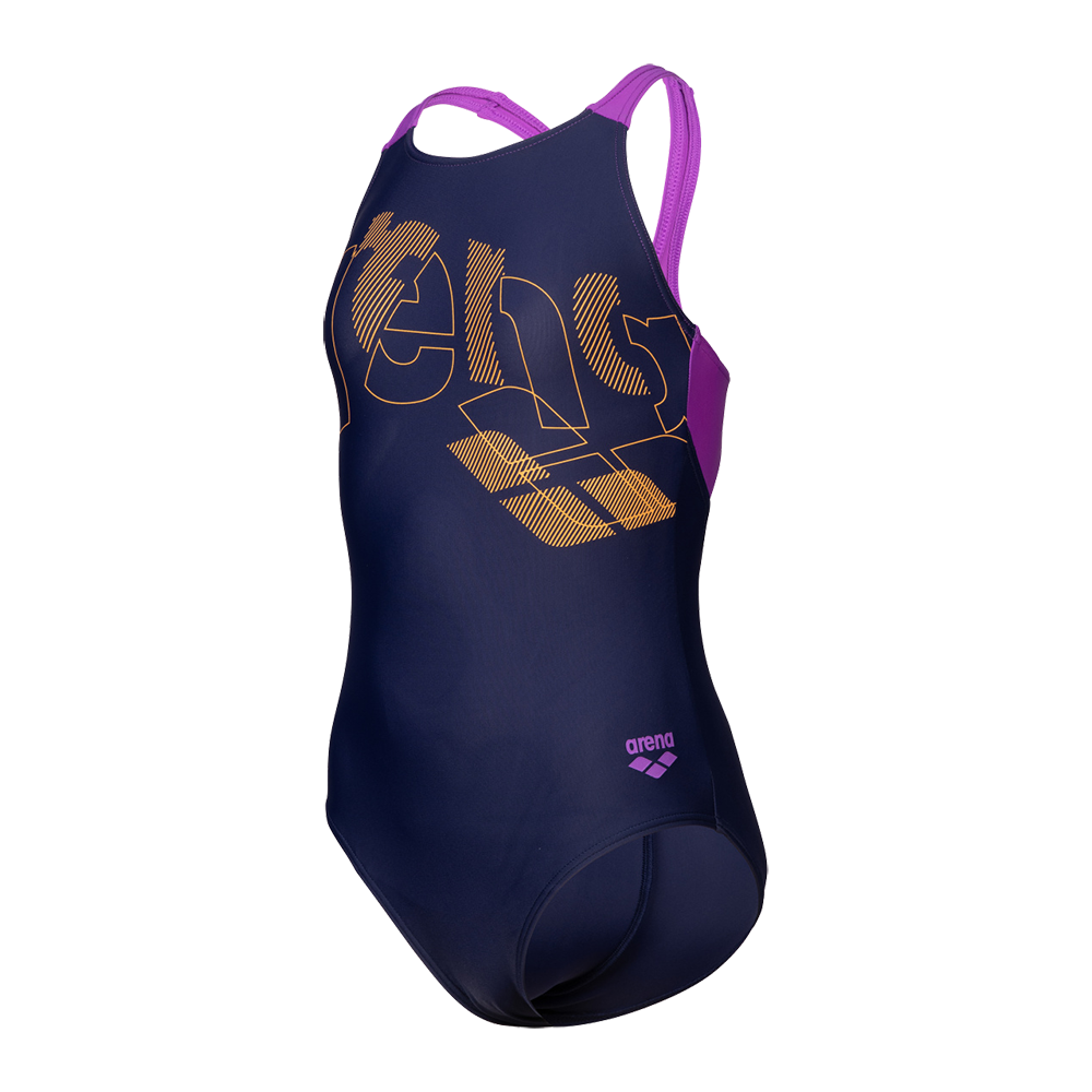 Mørkeblå, sportslig badedragt fra Arena med pink-lilla stropper og kontrastfuldt orange grafisk print på brystet. Designet har høj halsudskæring og smalle, krydsende stropper, der giver god støtte og optimal bevægelsesfrihed under svømning. Materialet virker glat og formstøbt for et strømlinet fit, velegnet til træning eller konkurrence. Diskret logo på hoftekanten fuldender det moderne, funktionelle udtryk.