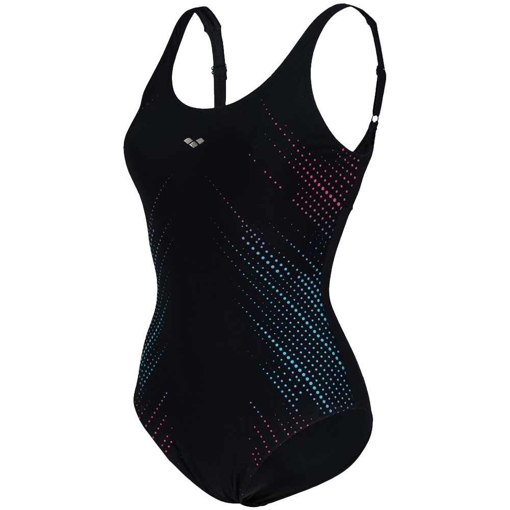 En elegant, sort badedragt i ét stykke med justerbare skulderstropper og klassisk rund halsudskæring. Stoffet sidder tæt og giver en slank silhuet, mens et diskret logo pryder brystet. Farverige prikker i blå og pink danner et gradientmønster langs siderne og tilfører et moderne, sporty udtryk. Velegnet til både svømmetræning og fritidsbrug, med fokus på komfort og bevægelsesfrihed.
