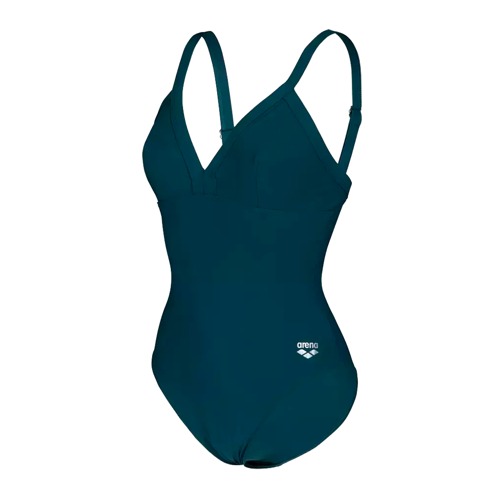 Denne elegante badedragt i dyb petroleumblå har en enkel, figursyet silhuet med V-udskæring og let formgivende skål. Smalle, justerbare skulderstropper sikrer god bæring, mens det rene, ensfarvede stof giver et minimalistisk udtryk. Et lille Arena-logo på hoftekanten understreger det sportslige præg. Badedragten tilbyder moderat dækning og er velegnet til både træning i svømmehallen og afslappet strandbrug.
