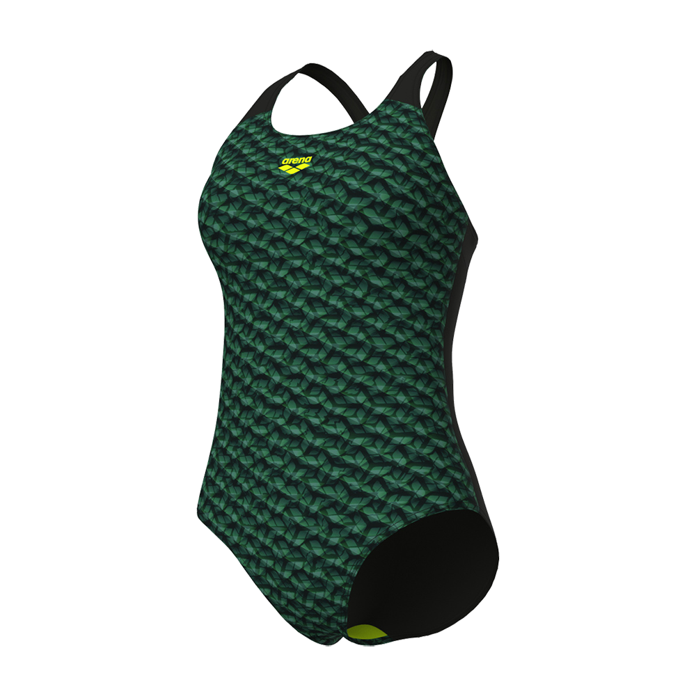 Et sporty, enkelt badedragt i ét stykke med et tæt, geometrisk mønster i forskellige grønlige nuancer. Badedragten har smalle sorte skulderstropper og sorte sidestykker, der giver et slankende udtryk. Et lille, gult "arena"-logo sidder på brystet og bryder mønsteret. Materialet virker elastisk og hurtigtørrende, velegnet til træning eller fritidsbrug i svømmehallen.